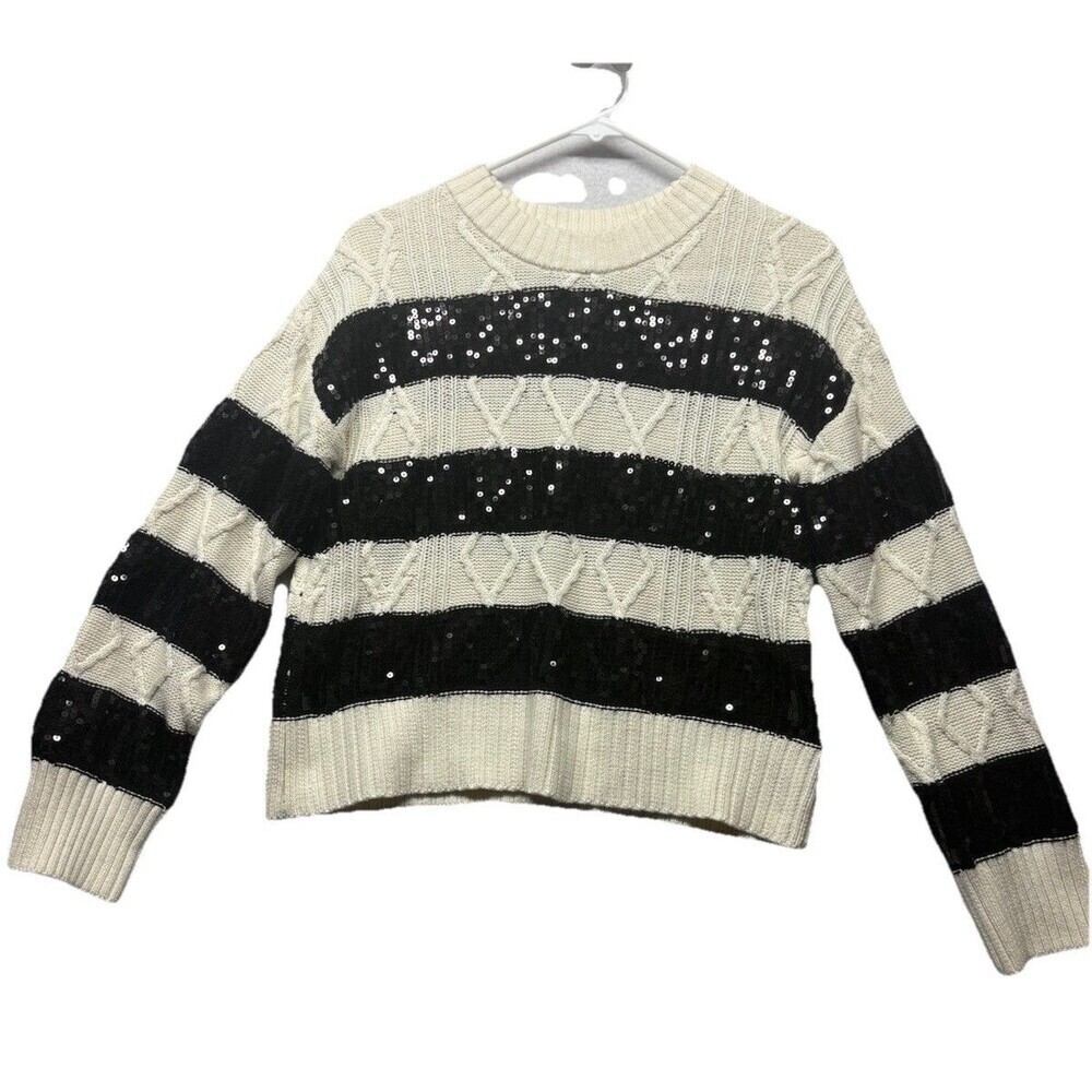Evereve Asher Sequin Pullover sweater in a black and white striped pattern XS